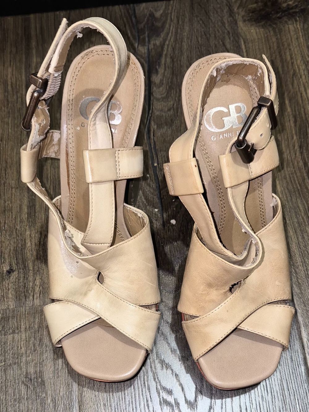 Gianni Bini Strappy Block Heel Sandals in Cream.